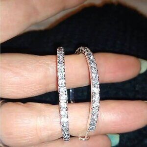 Large Full Rhinestone Hoop Earrings Silver